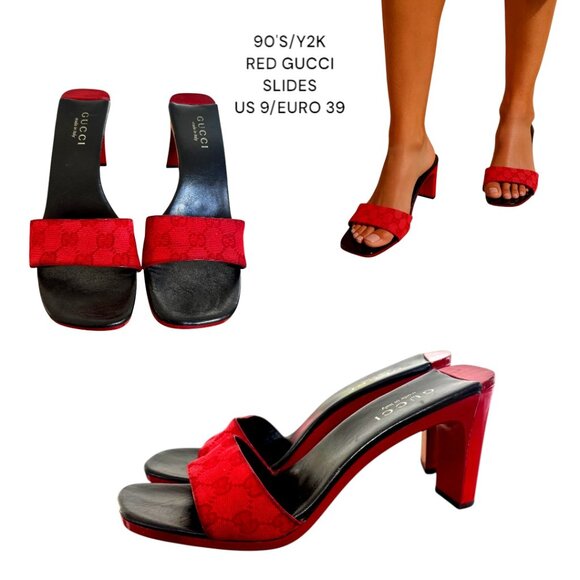 AUTHENTIC 90'S Y2K RED LOGO GUCCI SLIDES SANDALS US 9/39 - Picture 1 of 6